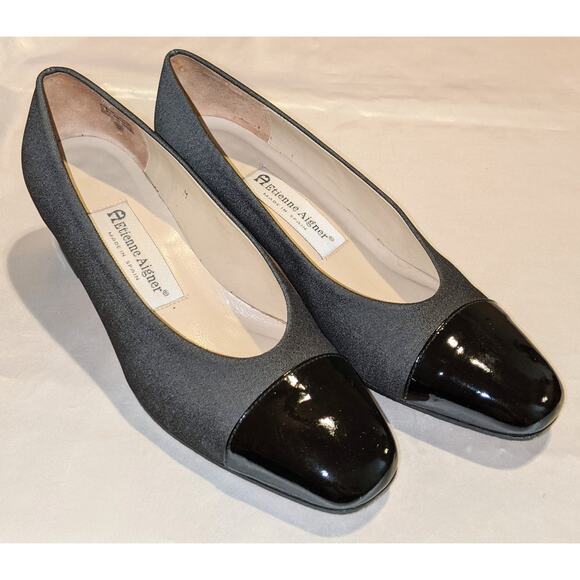 ETIENNE AIGNER Womens Spectator Pumps Sz 6.5 Black Steel Gray Patent Leather Toe - Picture 1 of 7